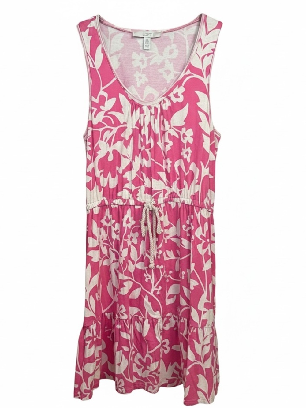 LOFT Large Pink Floral Tie-Waist Sleeveless Dress Resortwear Lightweight Tiered
